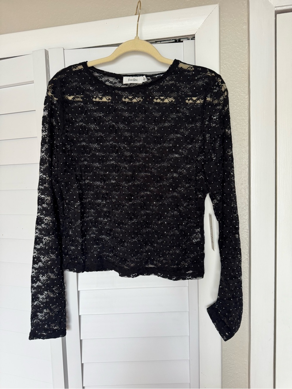 Faded Rose Black Lace Rhinestone Long Sleeve Top – Size XL